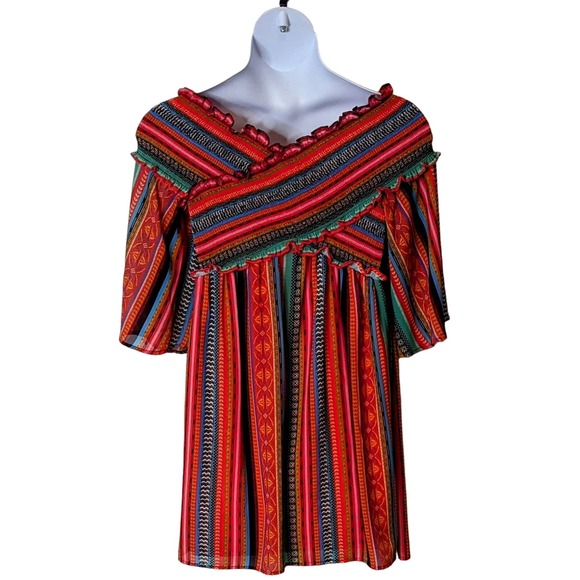 Flying Tomato Elastic Neckline Striped Colorful Mini Dress Size Large - Picture 2 of 4